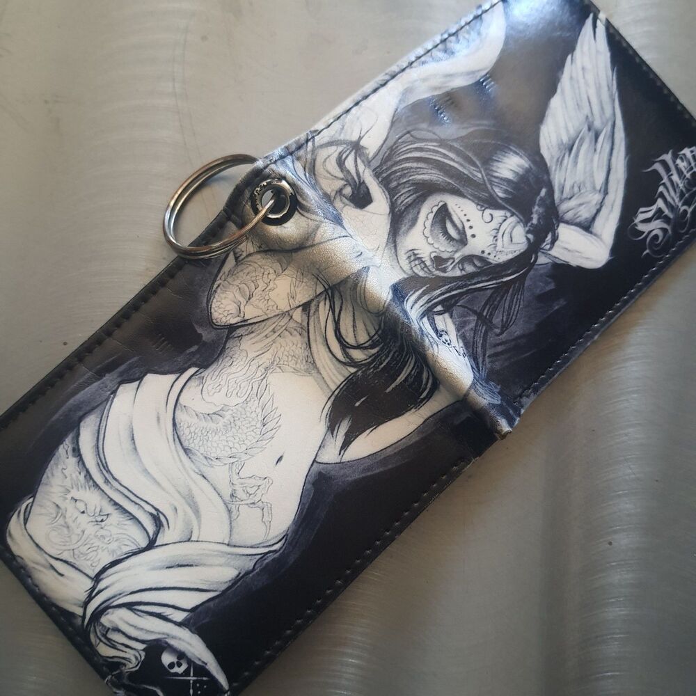Sullen Art Men's Bifold Wallet Day Of The Dead Angel Tattoo Art Keychain